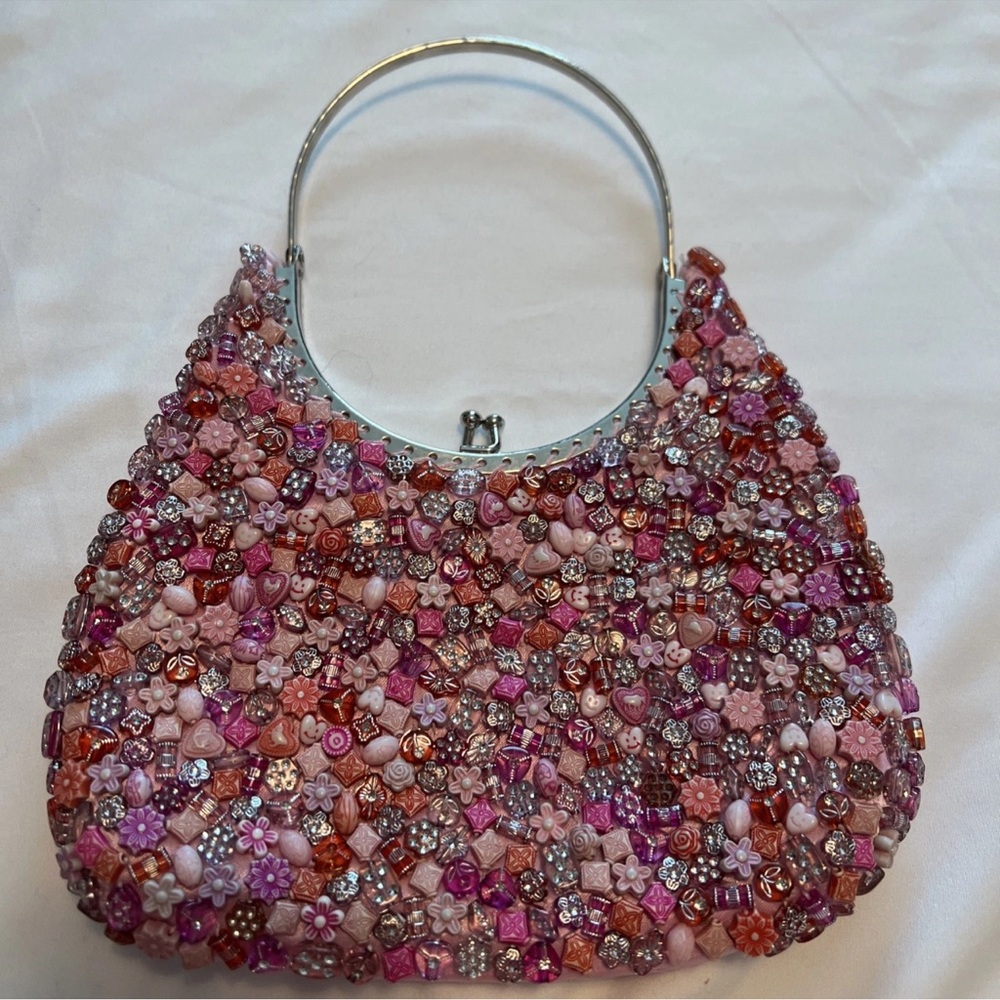 Pink Floral Beaded Clutch with Silver Metal Ring Top Handle & Kiss Clasp